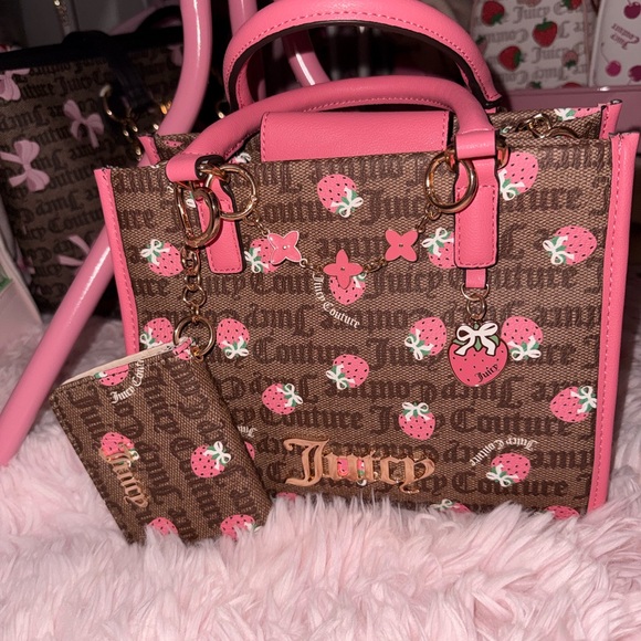 Juicy Couture Strawberry Print Satchel with Matching Wallet and Heart Coin Pouch - Picture 5 of 6